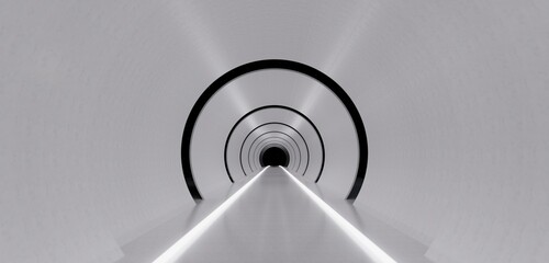 Laser light tunnels sci fi pipes neon lit archways 3D illustration