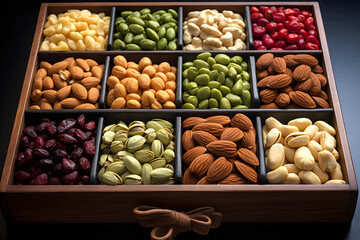 large assortment of different types of nuts in wooden boxes for the supermarket. vegan food. natural vitamins