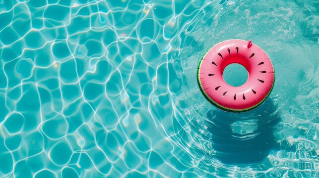 Top view of colorful inflatable ring watermelon toy in swimming pool water from above, Generative Ai