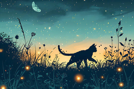 A Cat Is Walking Through A Field Of Fireflies At Night