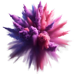 A burst of purple and pink powder explodes against a gray background, its wispy tendrils reaching outwards