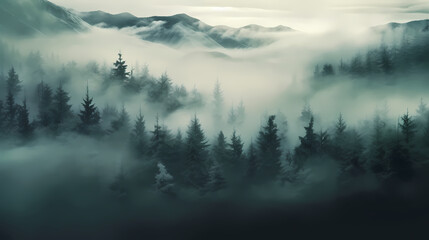 Forest landscape, exotic foggy forest