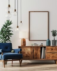 Scandinavian Minimalist Living Room: Wooden Cabinet and Blank Poster Frame Mockup Beside Blue Armchair
