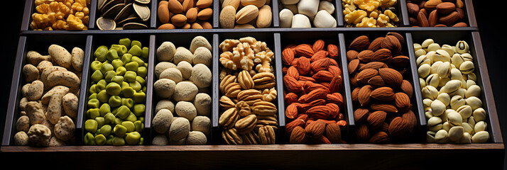 large assortment of different types of nuts in wooden boxes for the supermarket. vegan food. natural vitamins