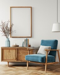Modern Scandinavian Living Room Interior with Wooden Cabinet and Blank Poster Frame Mockup