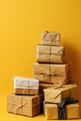 Online Shopping Concept: Vertical Stack of Cardboard Gift Boxes with Copy Space on Yellow Background