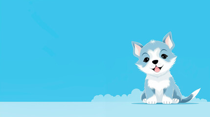 Stylized illustration of a cute puppy on a blue background, winter. Illustration with a happy pet. Cute little dog