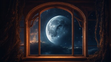 Window scene with a crescent moon shining in the night sky, Generative AI.