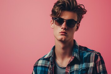 Fashionable and confident young men model on a pink background, photographed in high definition, showcasing a modern and stylish presence with charm.