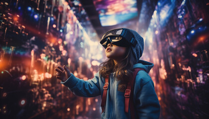 Happy young child wearing a virtual reality headset on a bokeh lights background, AI generated image - obrazy, fototapety, plakaty
