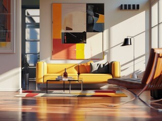 Abstract Geometric Suprematism Living Room Interior Design with Vibrant Colors