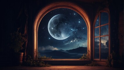 Window scene with a crescent moon shining in the night sky, Generative AI.
