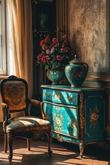 Vintage Classic Living Room Interior: Antique Cabinet and Turquoise Vintage Decor
