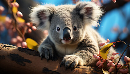 Obraz premium Cute koala sitting on branch, looking at camera in nature generated by AI