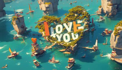 Scenic River With Floating 'I Love You' Letters Amidst Boats and Cliffs