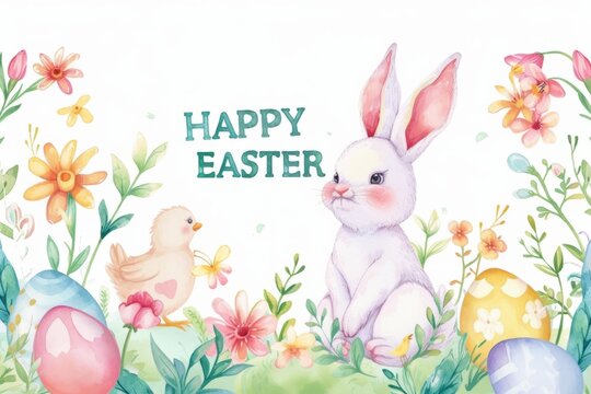 Happy Easter white rabbit looks at chick with colorful eggs and flowers Generative AI