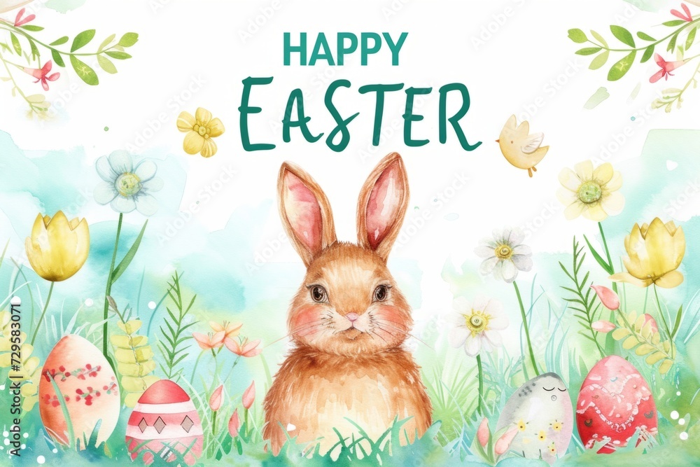 Poster happy easter with a watercolor rabbit and colorful eggs sitting in a field of flowers generative ai