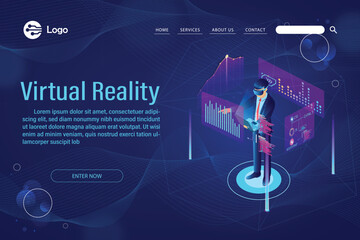 Man wearing goggle vr with touching interface into virtual reality world future technology flat isometric vector illustration. - obrazy, fototapety, plakaty