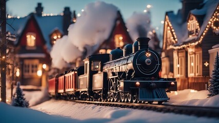 town in winter A steam train on a festive and merry day in the winter. The train is a cheerful and colorful  