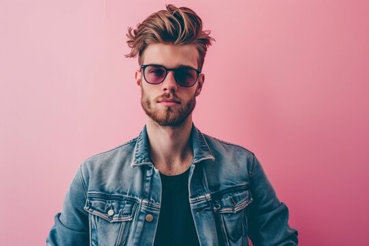 Stylish young men model on a pink background, photographed in high definition, exuding confidence and modern style with a fashionable presence.