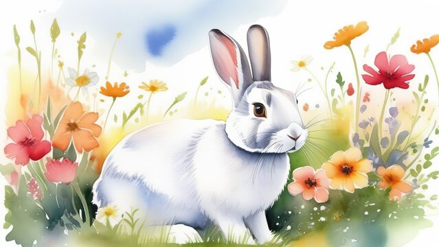An illustration of a watercolor painting depicting a cute rabbit in flowers, an Easter watercolor postcard with a white rabbit and spring flowers