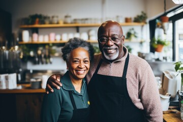 Portrait of a smiling senior couple restaurant owners - obrazy, fototapety, plakaty