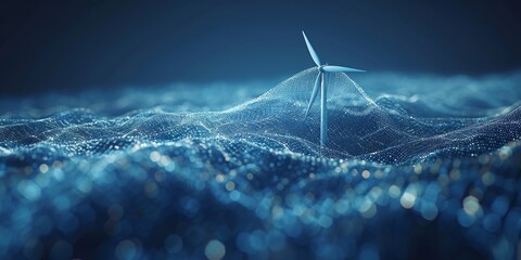 Digital Wave of Sustainability: A Solitary Wind Turbine Illuminates the Path to Renewable Energy in a Sea of Blue Data, Generative AI - obrazy, fototapety, plakaty