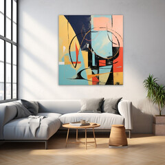 Illustration of urban modern interior with abstract painting, art. Living room or hall with large windows and a lot of lights. Big City. Trendy minimalistic concept design art. Generative Ai content.