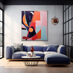 Illustration of urban modern interior with abstract painting, art. Living room or hall with large windows and a lot of lights. Big City. Trendy minimalistic concept design art. Generative Ai content.