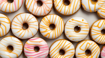 Top view of many delicious donuts in yellow, white, pink. Delicious food background