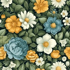 Seamless floral background with vintage colors, featuring minimalist flower patterns.