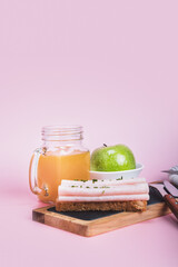 Healthy and wholesome breakfast with turkey, fruit, orange juice and pears