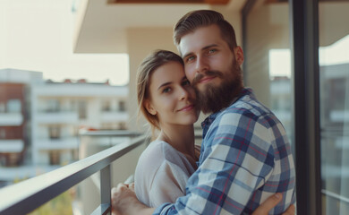 Happy married couple enjoying lovely morning while standing on balcony. Romantic couple spending their summer vacation at luxury hotel. Young couple sharing an intimate moment outdoors in the morning