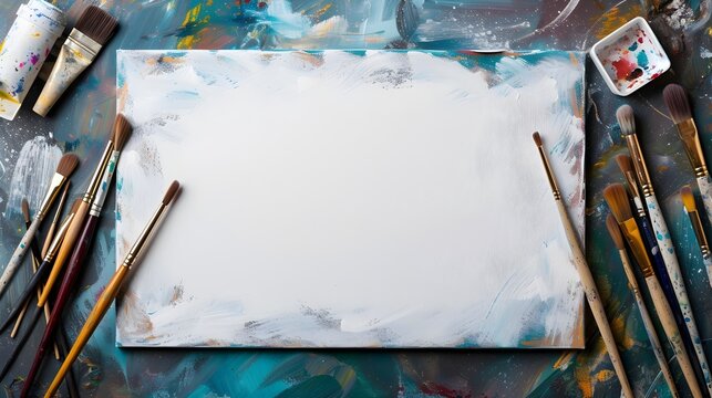 Expressive Struggle: Blank Canvas with Scattered Paintbrushes Amidst Anxiety