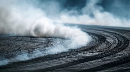 Papier Peint photo autocollant Chemin de fer Aerial view abstract background with tire marks and smoke on race track. Generative Ai