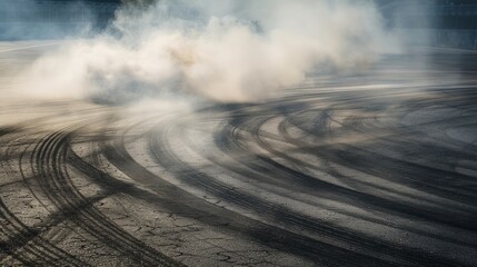 Aerial view abstract background with tire marks and smoke on race track. Generative Ai