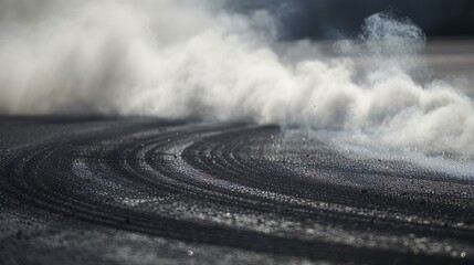 Aerial view abstract background with tire marks and smoke on race track. Generative Ai - obrazy, fototapety, plakaty