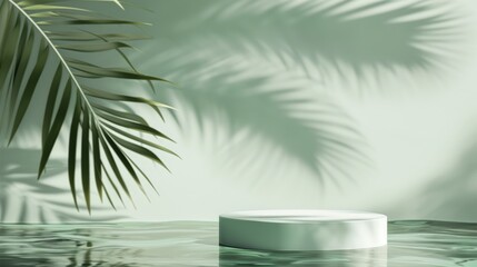 Fototapeta na wymiar Podium pedestal standing in water, shadow made of palm leaf on deep green pastel background for product presentation or showcase empty mockup