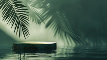 Fototapeta na wymiar Podium pedestal standing in water, shadow made of palm leaf on deep green pastel background for product presentation or showcase empty mockup