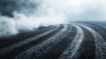 Aerial view abstract background with tire marks and smoke on race track. Generative Ai