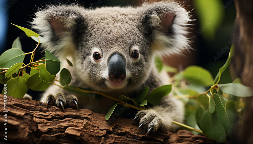 Sticker cute koala sitting on branch, looking at camera in nature generated by ai