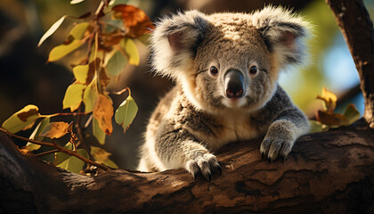 Fototapeta premium Cute koala sitting on branch, looking at camera in forest generated by AI