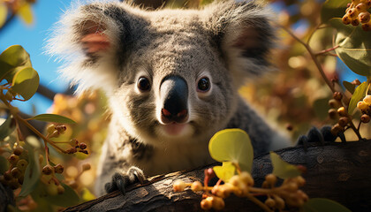 Cute koala sitting on branch, looking at camera in nature generated by AI