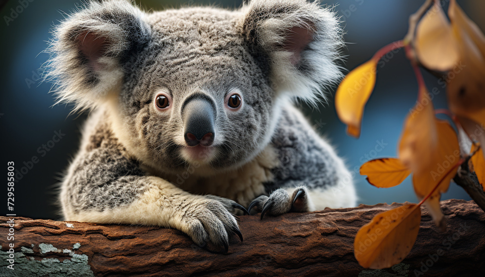 Wall mural cute koala sitting on branch, looking at camera, outdoors generated by ai