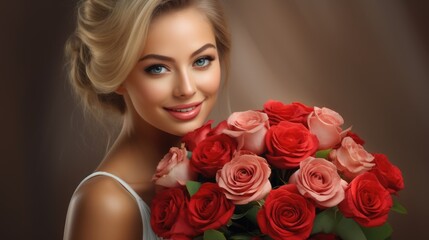 Cute happy smiling blonde young girl with a bouquet of red and pink roses. AI Generated 