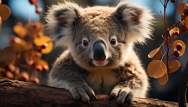Cute koala sitting on branch, looking at camera, fluffy fur generated by AI