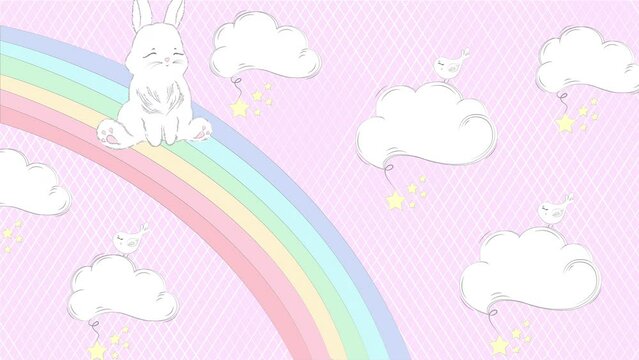2D Animation a rabbit on a rainbow in the clouds with birds
