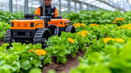 person operating a small orange tractor in a greenhouse, navigating through rows of lush lettuce and bright orange flowers