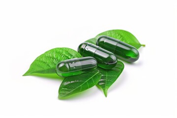 Natures Healing Touch: Herbal Supplement Capsules Resting on Vibrant Green Leaves, Emphasizing the Connection Between Plant-Based Health and Wellness, Generative AI
