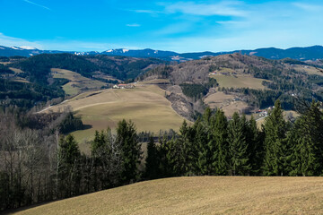 Alpine meadow in West Styrian highland in Voitsberg, Styria, Austria. Hiking in remote landscape of...